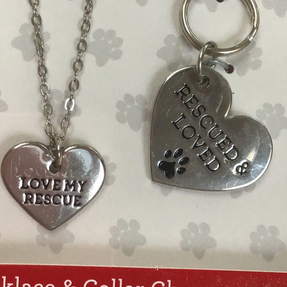 Silver Tone Pet Rescue Necklace & Collar Paw Print Heart Charm‎ Set NWT